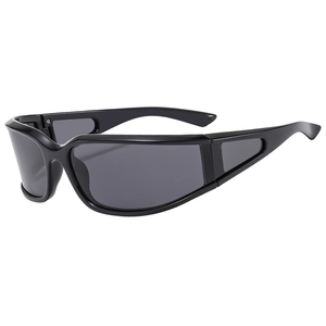 Black Y2K wrap-around sunglasses with grey lenses in a 45-degree angle front view