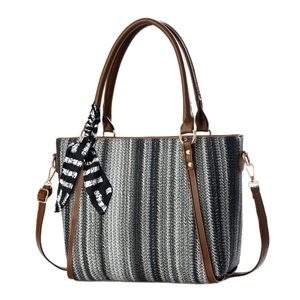 Large capacity striped woven tote bag with brown leather handles and a silk scarf