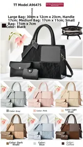 Detailed size guide for 3-piece contrast color tote bag set with dimensions and colors