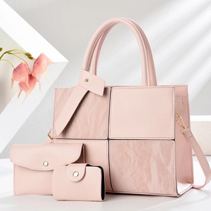 Pink 3-piece tote bag set with color-blocking patchwork design and metallic hardware