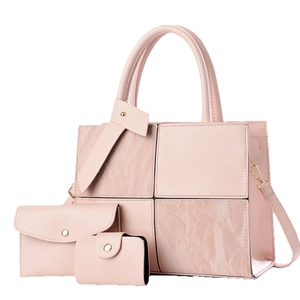 Pink patchwork handbag set with tote bag, wallet and card holder in premium faux leather