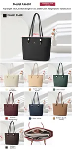 Detailed view of women's tote bag dimensions and eight color options in faux leather