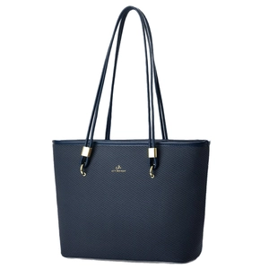 Navy blue large capacity tote bag with gold logo and textured vegan leather for women