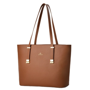 Brown leather large capacity bucket tote bag with gold hardware and long straps