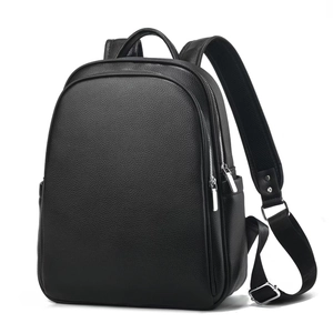Black PU leather business backpack with litchi texture and breathable mesh straps