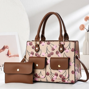 Chic beige tote bag set with cherry pattern and brown faux leather trim for women