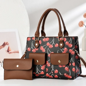 Women PU Leather Tote Bag And Wallet With Cherry Print Vintage Trendy Shoulder Crossbody Handbag Daily Match