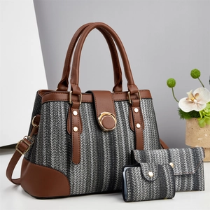 Damen Handtasche Portemonnaie Und Kartenhalter PU Leder Gewebt Gestreift Top Griff Schultergurt Schick Elegant Lässig