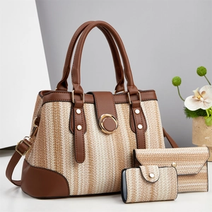 Stilvolles 3-teiliges Stroh-Handtaschen-Set mit Shopper, Clutch und Schultergurt