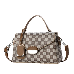 Classic checkered crossbody bag with brown leather accents and silver buckle for women