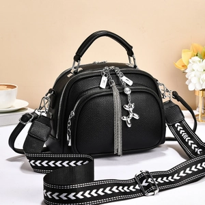Women Shoulder Crossbody Bag Litchi Grain PU Leather Multi Zipper Pockets Wide Patterned Strap Balloon Dog Charm