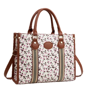 City chic tote bag with cherry print and brown leather handles for spring 2025 style