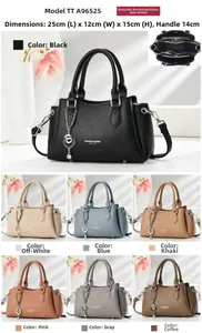 Litchi pattern leather handbag detail showing internal structure and size dimensions