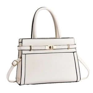 Elegant off-white lychee texture handbag with golden twist lock and black trim detail