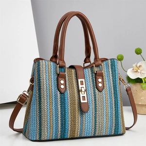 Sac À Main Tissé Simili Cuir Couleur Contrastée Grande Capacité Sac Bandoulière Avec Poignée Mode Femmes