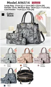 Detailed view of floral printed three-piece handbag set with precise size measurements