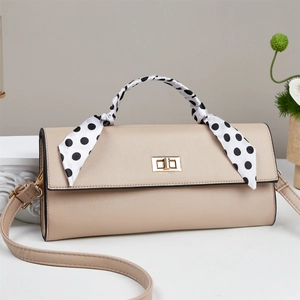 Elegant Women PU Leather Shoulder Crossbody Handbag With Litchi Texture Golden Twist Lock Scarf Wrapped Handle Vintage