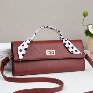 Retro burgundy shoulder bag with lychee texture and polka dot scarf wrapped handle