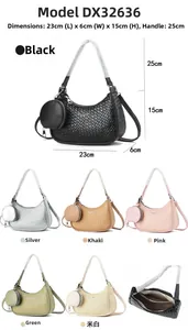 Détails du sac à bandoulière tressé en six couleurs avec dimensions et poche intérieure zippée