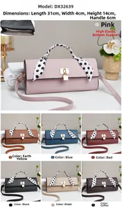 Slim litchi leather handbag with metal lock and polka dot scarf detail in seven colors