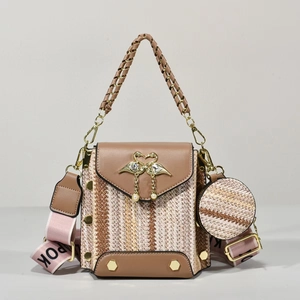 Bohemian woven crossbody bag with pearl swan clasp and pink logo strap in tan and beige