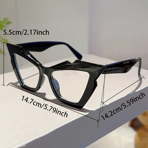 Detail view of bold black geometric cat-eye frames with precise size measurements