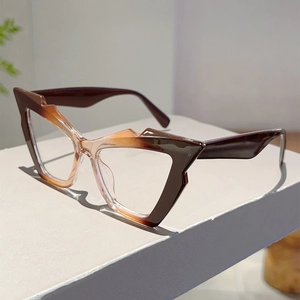 Detailed view of tortoiseshell cat-eye glasses with geometric frame on a white display block
