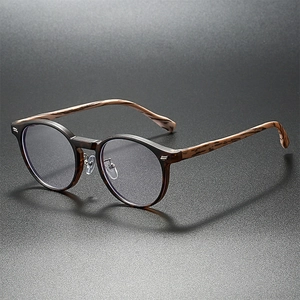 Retro-Brille Mit Rundem Rahmen Und Blaulichtfilter Mit Holzmaserung-Bügeln Modische Brille Für Erwachsene