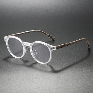 Retro runde transparente Blaulichtfilter-Brille mit schicken Bügeln in Holzoptik