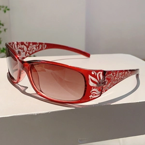 Rectangle Sunglasses Women UV400 Protection PC Frame Floral Print Rhinestone Retro Fashion Trendy Eyewear Accessory