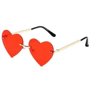 Trendy heart-shaped rimless sunglasses with jelly red lenses and gold metal frames