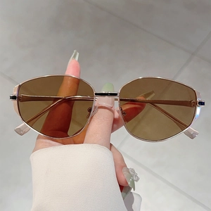 Fashionable polygonal metal frame sunglasses with brownish lenses held by hand
