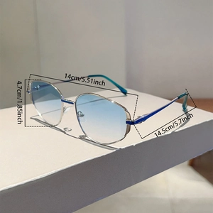 Detailed dimensions of silver metal sunglasses with blue gradient lenses and frame size