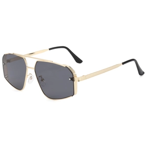 Irregular pilot sunglasses with gold metal frame and knurled edges on white background