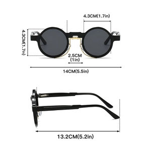Detailed dimensions of round steampunk sunglasses with gold metal bridge and dark lenses
