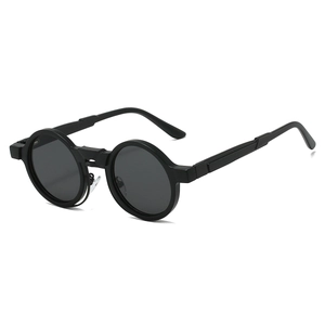 Retro steampunk round frame sunglasses in matte black finish, 45-degree angle product view