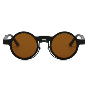 Detailed view of steampunk round frame sunglasses with matte black finish and brown lenses