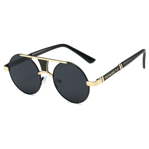 Classic round sunglasses for men featuring a gold double-bridge frame and black lenses