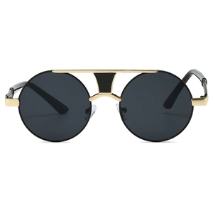 Classic round sunglasses for men with black frames and gold double-bridge metallic design