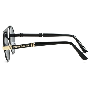 Classic men's double-bridge round sunglasses with black TR frame and gold temple details