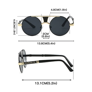 Detailed size chart of vintage double-bridge round steampunk sunglasses with gold frame