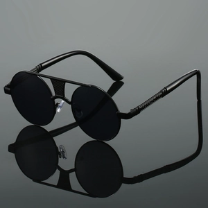 Detail of round frame sunglasses showing double bridge with textured metal industrial design