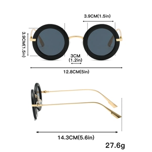 Detailed size chart of vintage round sunglasses showing lens and frame dimensions