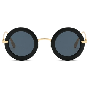 Retro small round frame sunglasses with thick black rims and gold metal temples