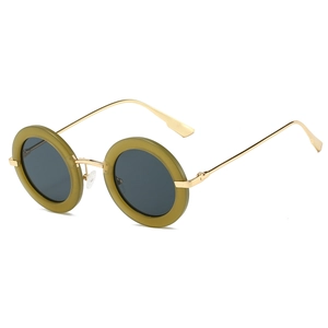 Detail view of retro round sunglasses with olive frames and gold metal temples