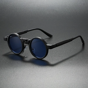 Retro steampunk round sunglasses with black matte frames and blue translucent lenses