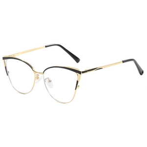 Lunettes œil-de-chat dorées élégantes avec détails noirs et verres anti-lumière bleue clairs