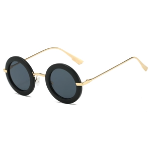 Retro small round frame sunglasses with black frames and sleek gold metal temples