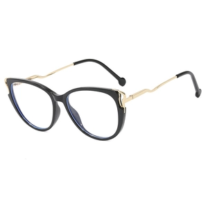 Chic cat-eye anti-blue light glasses with black frames and wavy gold metal temples