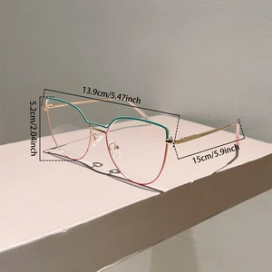 Detailed dimensions of cat-eye metal glasses frame in green and pink gold finish
